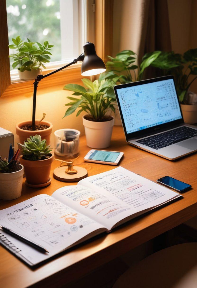 A cozy workspace with a laptop open on a blog page, surrounded by creative tools like a notepad, pens, and a smartphone displaying digital currency icons. A soft glow from a desk lamp illuminates a coffee mug, while plants add a touch of greenery. In the background, a vision board filled with inspirational quotes and sketches of monetization ideas. Artistic overlay of digital currency symbols subtly throughout the scene. super-realistic. vibrant colors. cozy atmosphere.