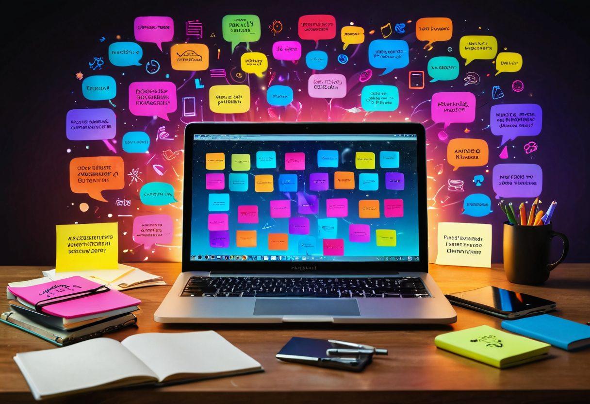 A digital workspace filled with vibrant tools of creativity: open notebooks, colorful sticky notes, and a glowing laptop displaying compelling content. Surround the workspace with virtual elements like floating text bubbles and engaging icons representing readers’ emotions. Soft, warm lighting to evoke inspiration and productivity. Illustrate diverse characters interacting with content in a virtual space. super-realistic. vibrant colors. 3D.