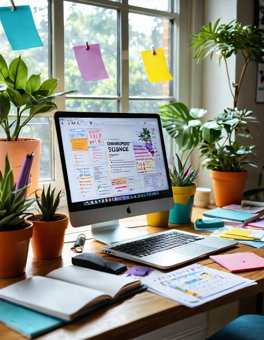 A dynamic workspace showcasing a creative blogger at their desk, surrounded by colorful notes, a laptop displaying a blog interface, and drafts scattered around. In the background, a large window streaming sunlight, with plants and inspiring book titles visible. Emphasize a sense of creativity and productivity, with vibrant colors and a welcoming atmosphere. super-realistic. vibrant colors. 3D.